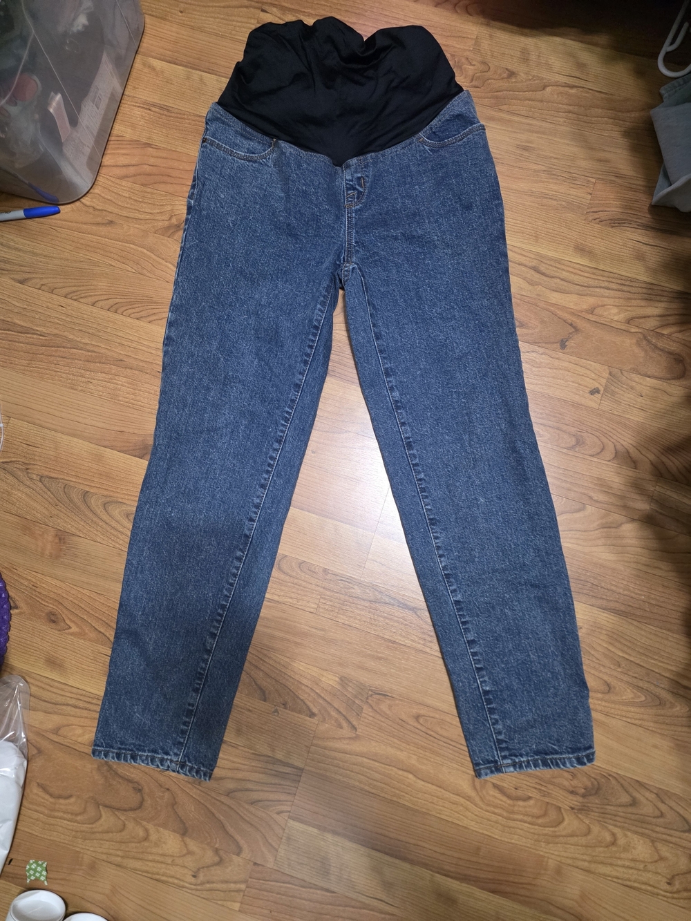 Maternity Denim Jeans in Dark Blue with Black Waistband